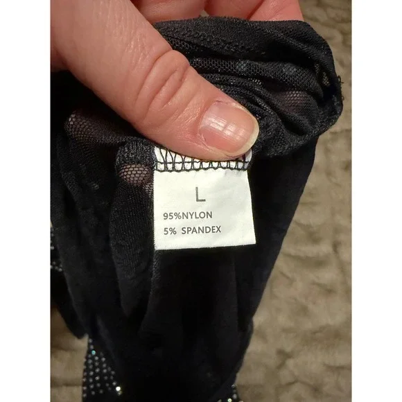 Rhinestone Mesh Bodysuit Black Long Sleeve Mock Neck Studded Crystal Top Large - Picture 5 of 5